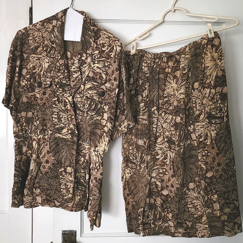 Vintage Gillian 80s / 90s 2pc Silk Blouse & Skirt Tropical Neutral Retro Sm/Med
